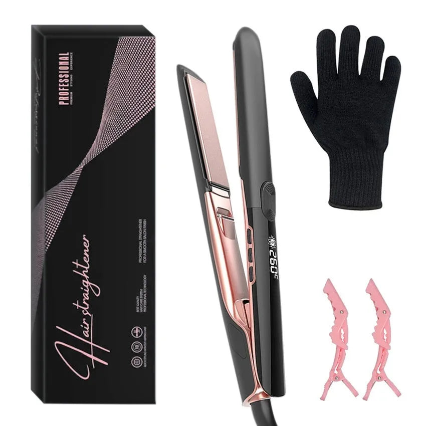 Hair straightener with ceramic plates showing temperature display and EU power specification