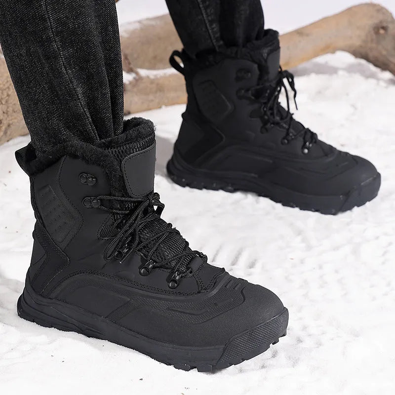 Men's black and khaki high-top boots with fleece lining and lace-up front.