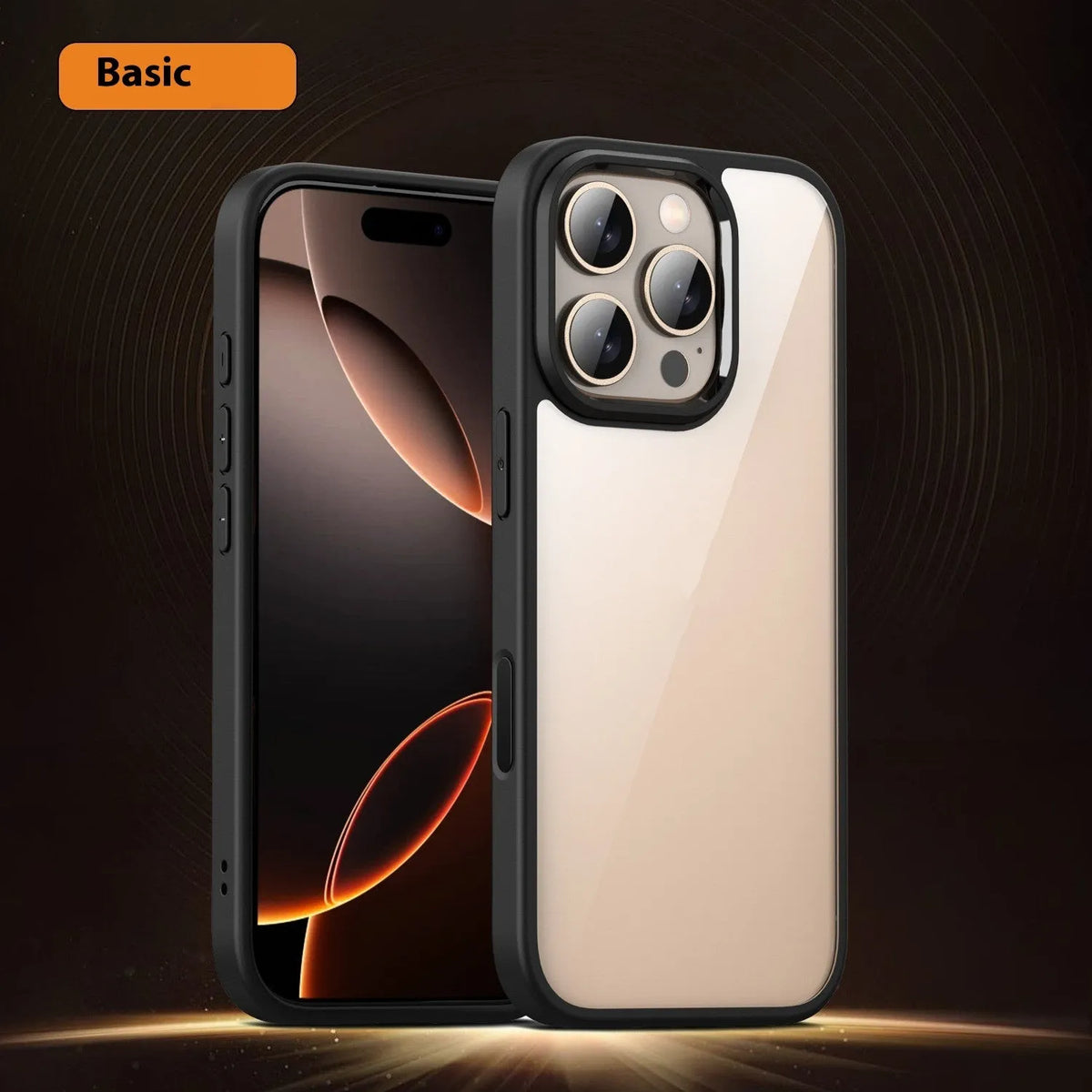 Black transparent magnetic iPhone 16 case showing airbag protection structure and magnetic ring.