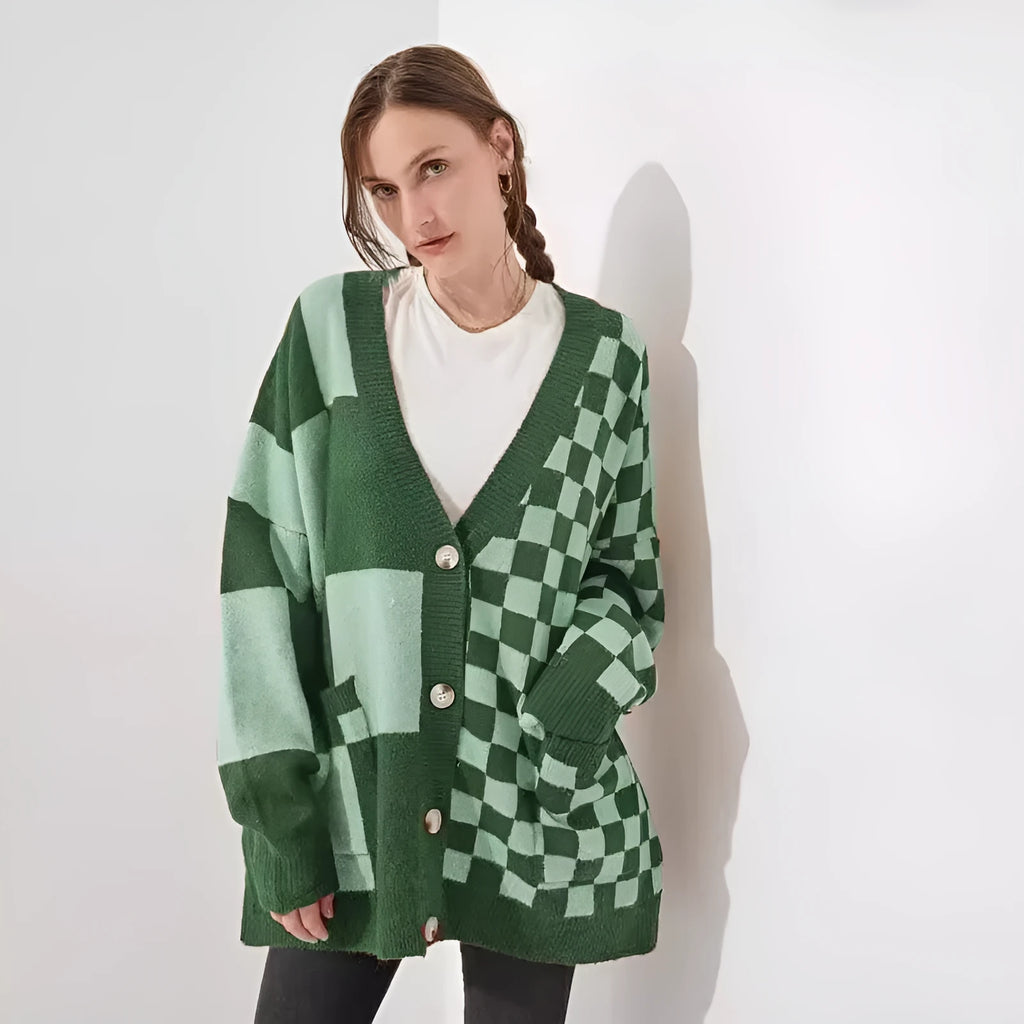 A woman's loose slim fit cardigan in a polyester-spandex knit fabric, shown in one of six available colours.