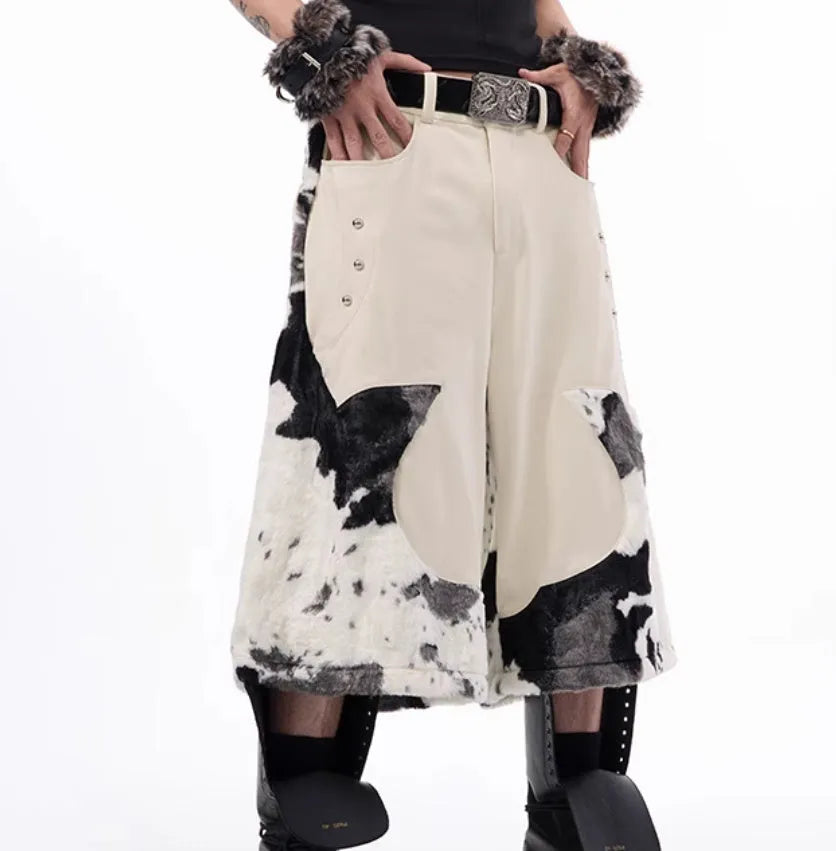 Youthful stitching milk fibre fur cropped pants with a personalised checkered or striped pattern.
