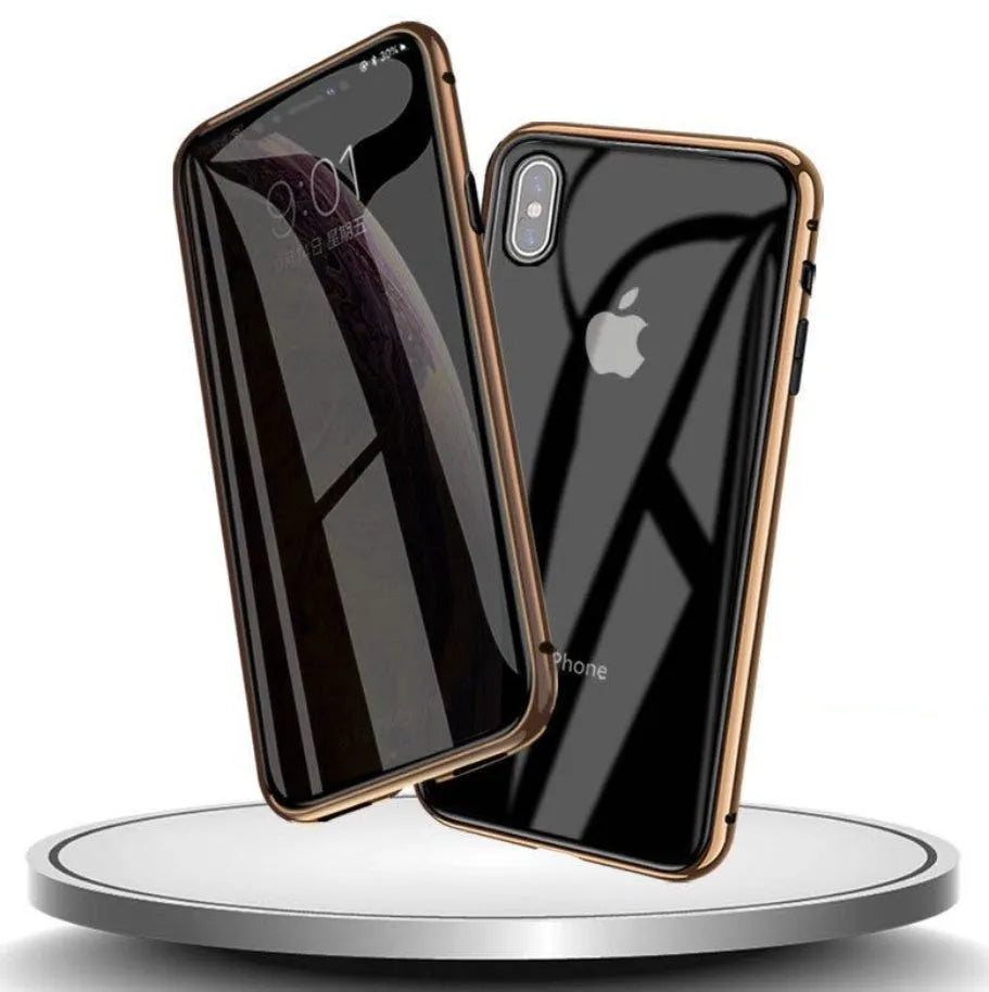 Glass anti-spy clamshell phone case for iPhone in black, blue, gold, green, red, or silver.