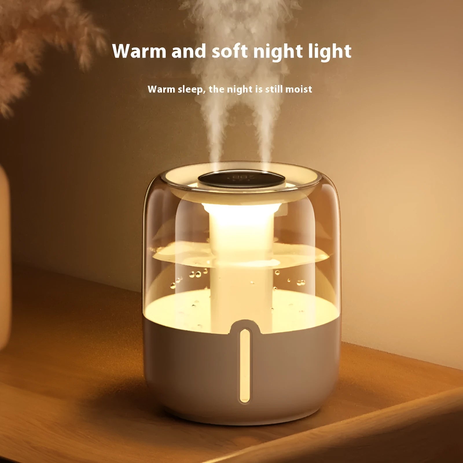 Beige circular USB humidifier with dual spray nozzles and humidity display