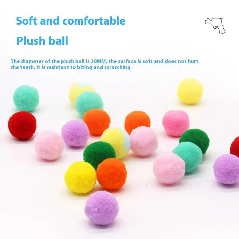 Interactive dog toy launcher gun with soft plush yarn balls for fetch games.