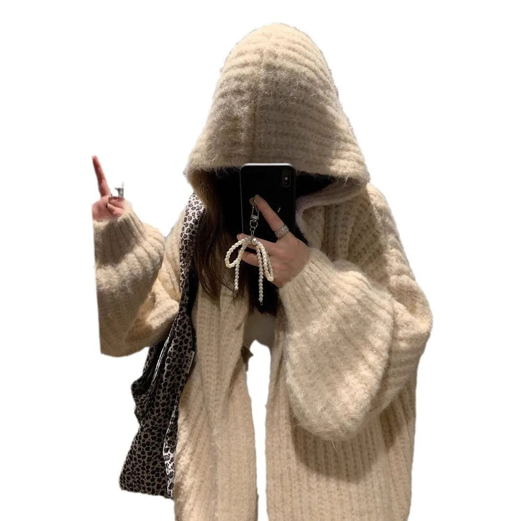 Women's dark grey retro Maillard hooded sweater cardigan with a thick knit texture.