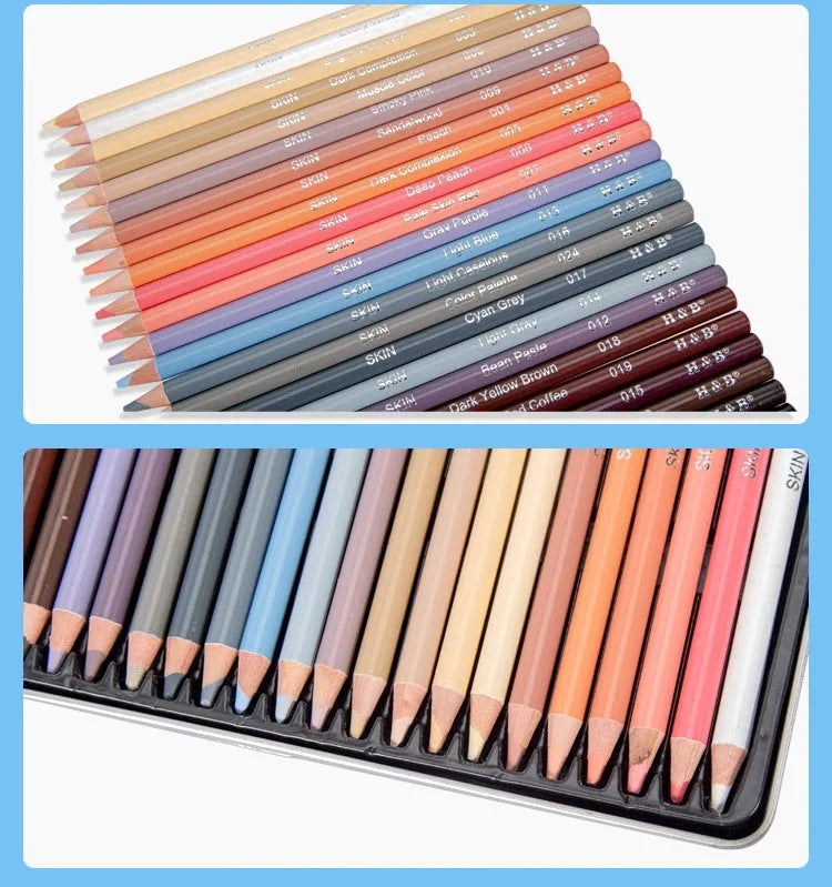 Round metal tin containing 24 skin tone coloured pencils for portrait drawing