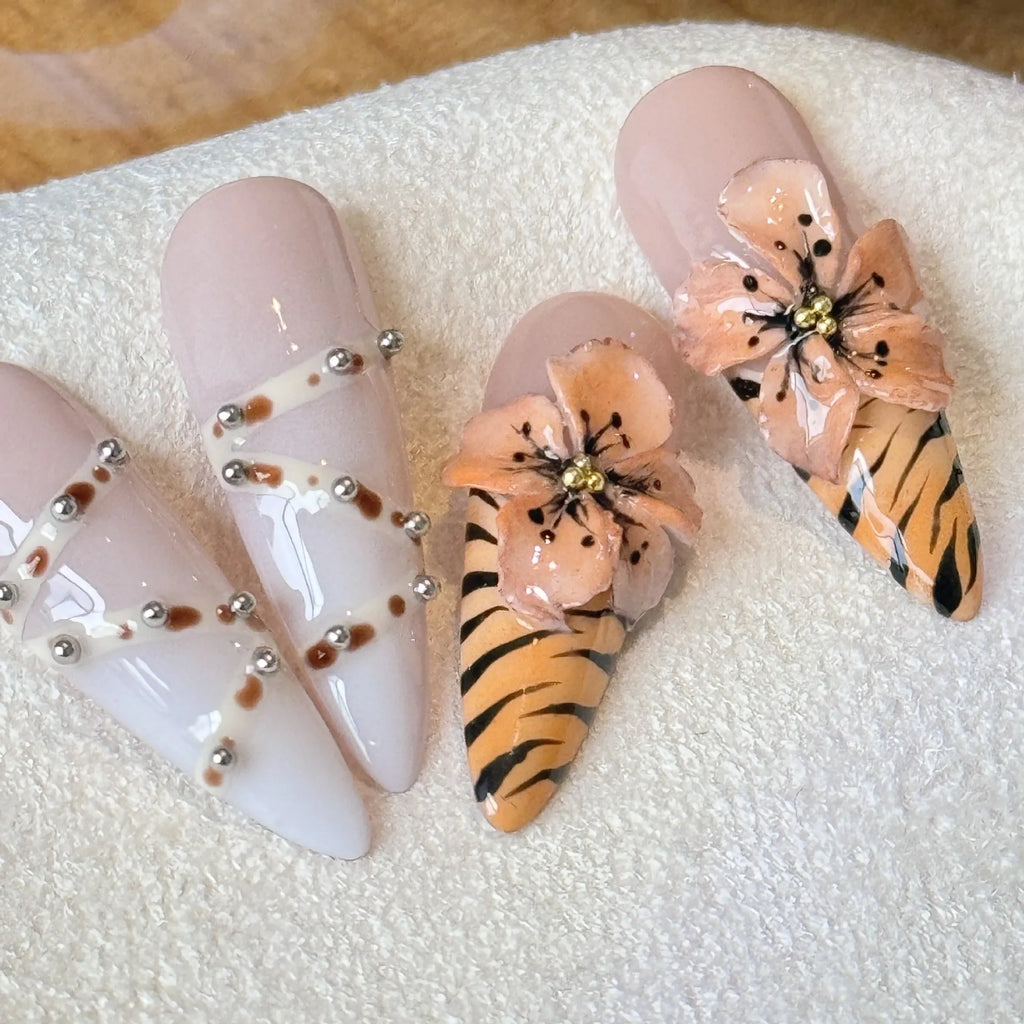 Handmade French style artificial nail stickers with leopard, cross, and flower prints in long-tip wear-resistant design.