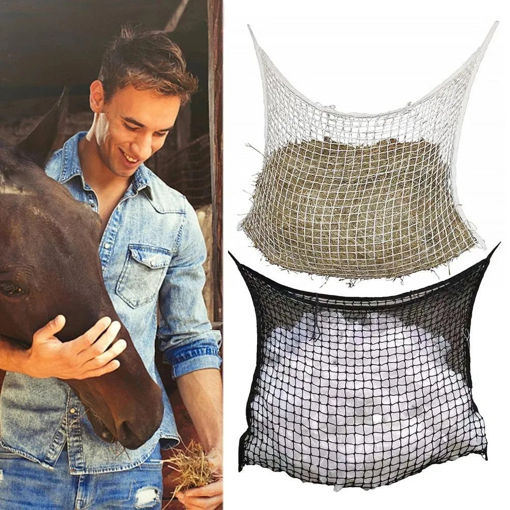Black woven PE rope horse feeding bag with grid design hanging in stable