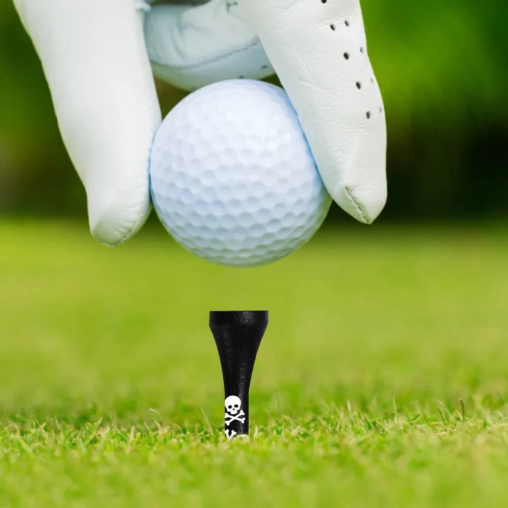 Ten bamboo golf spike dowel pins with black skull print, showing 70mm and 83mm length options.