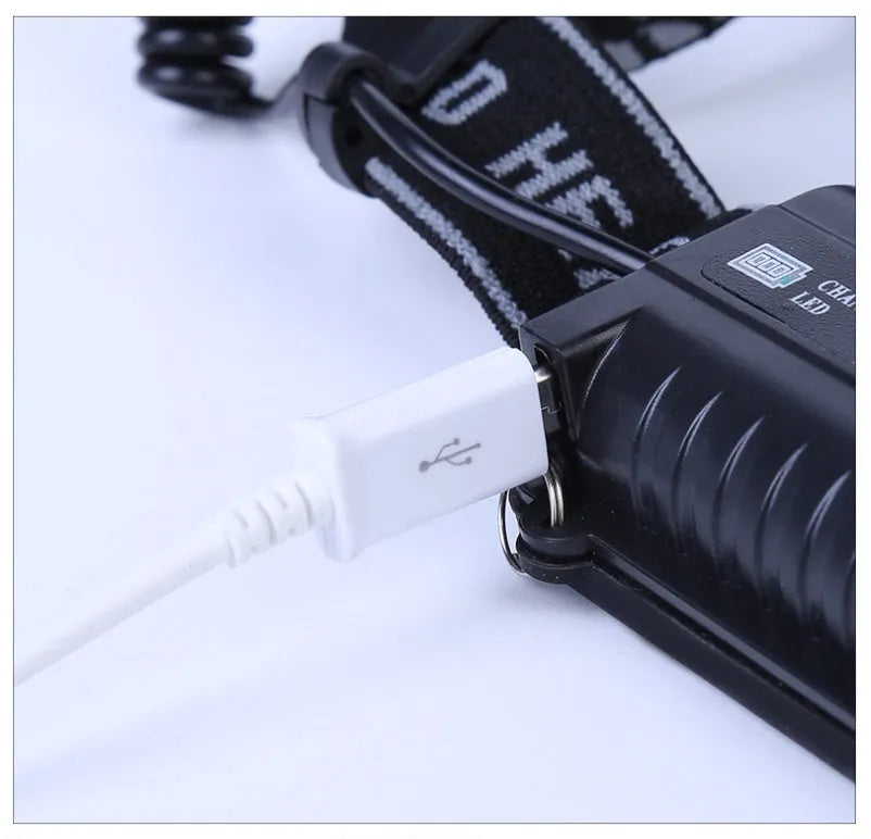Fixed focus LED head torch with head mount and long-range beam for outdoor camping.