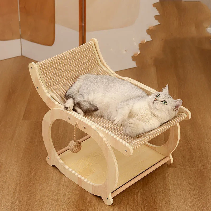 Solid wood cat scratching bed with sisal mat surface in walnut wood colour finish