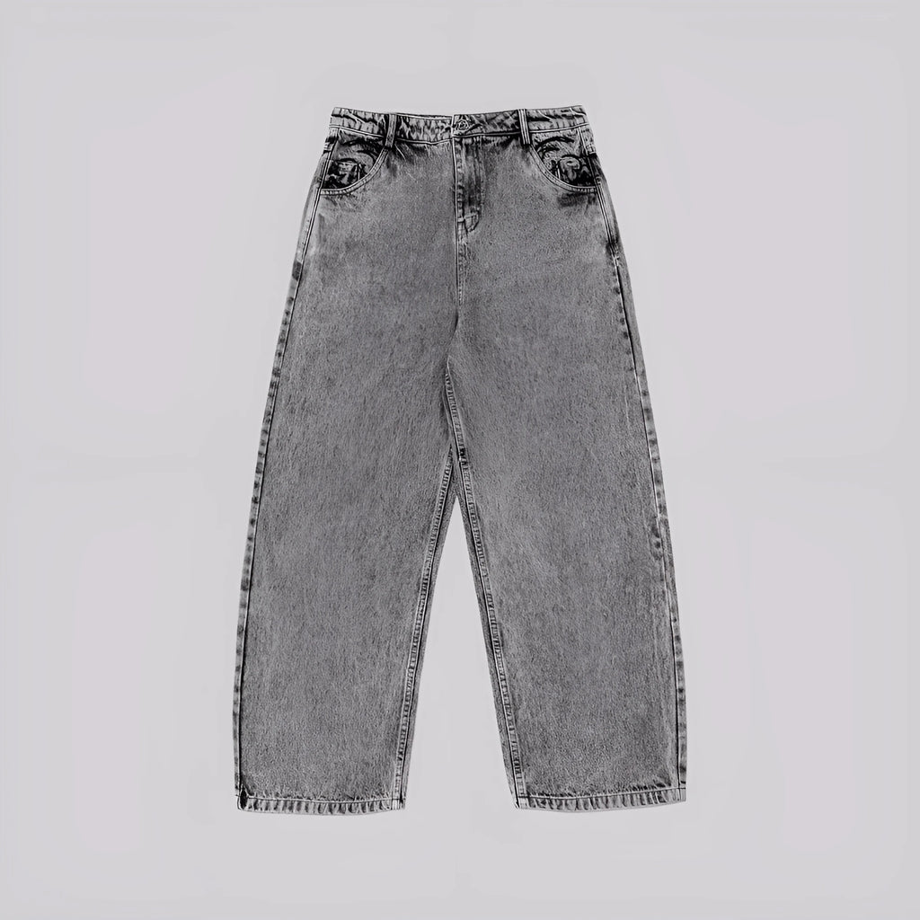 Gray loose straight-leg denim trousers for men and women with mid-waist fit