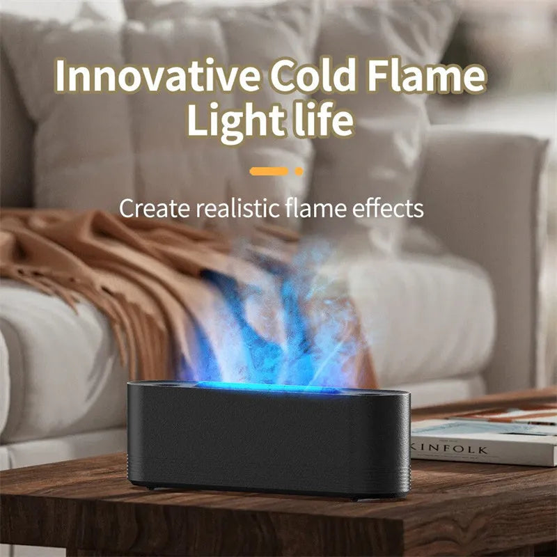 Black ultrasonic humidifier and aroma diffuser with LED flame lights emitting cool mist