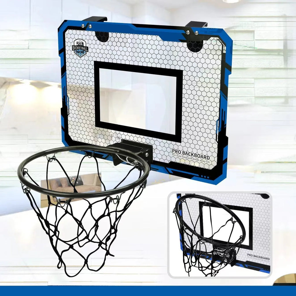 Red and blue folding basketball frame with suction cups, iron hook, and parallel panels for indoor dunk practice