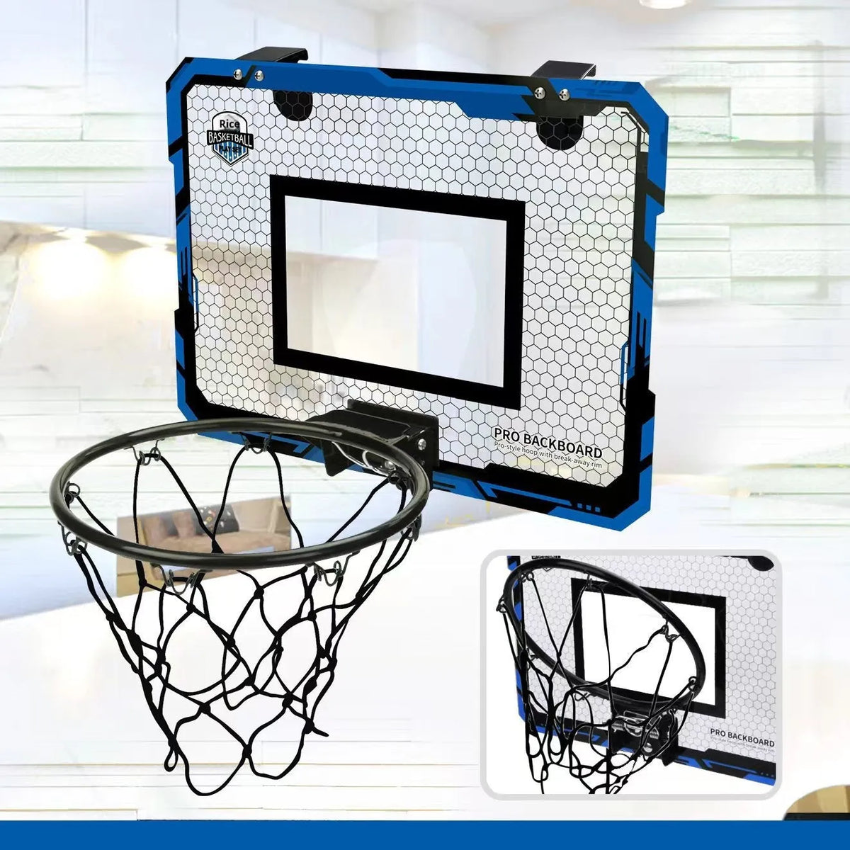 Red and blue folding basketball frame with suction cups, iron hook, and parallel panels for indoor dunk practice