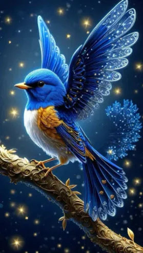 Handmade DIY blue bird diamond painting kit showing rhinestone details on a 60x100cm canvas