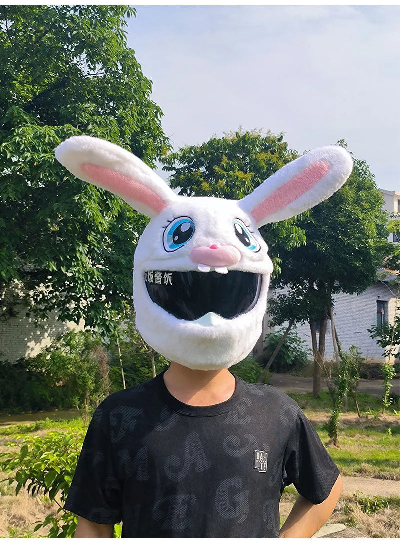 White long-eared rabbit head plush cover on an electric motorcycle helmet.
