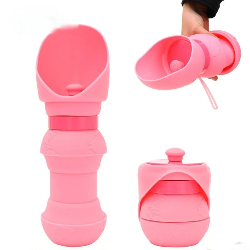 Silicone pet folding cup shown open as a water bowl and collapsed flat for storage.