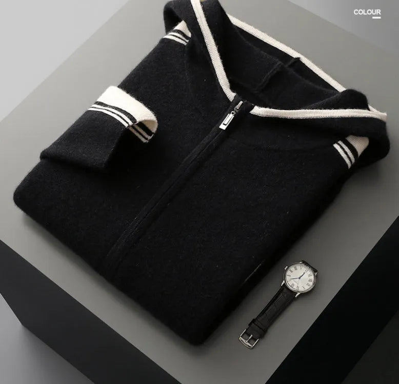 Men's wool two-piece set with hooded cardigan top and matching trousers in dark blue, dark grey, camel, or black