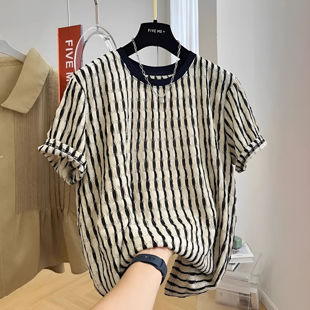 Black striped men's linen pullover shirt with short sleeves and loose casual fit