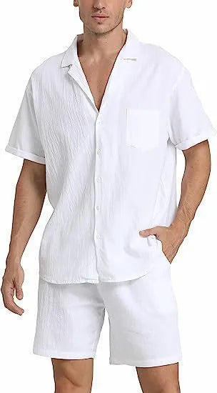 Men's linen summer sports suit with short-sleeved top and matching shorts in army green colour