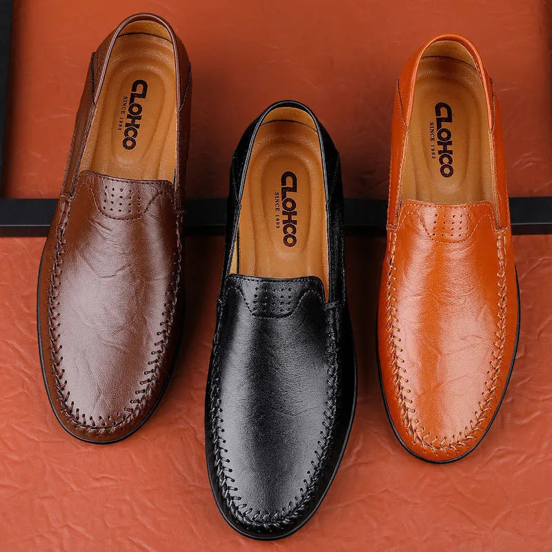 Men's brown leather casual shoes with round toe and flat rubber sole shown from side view