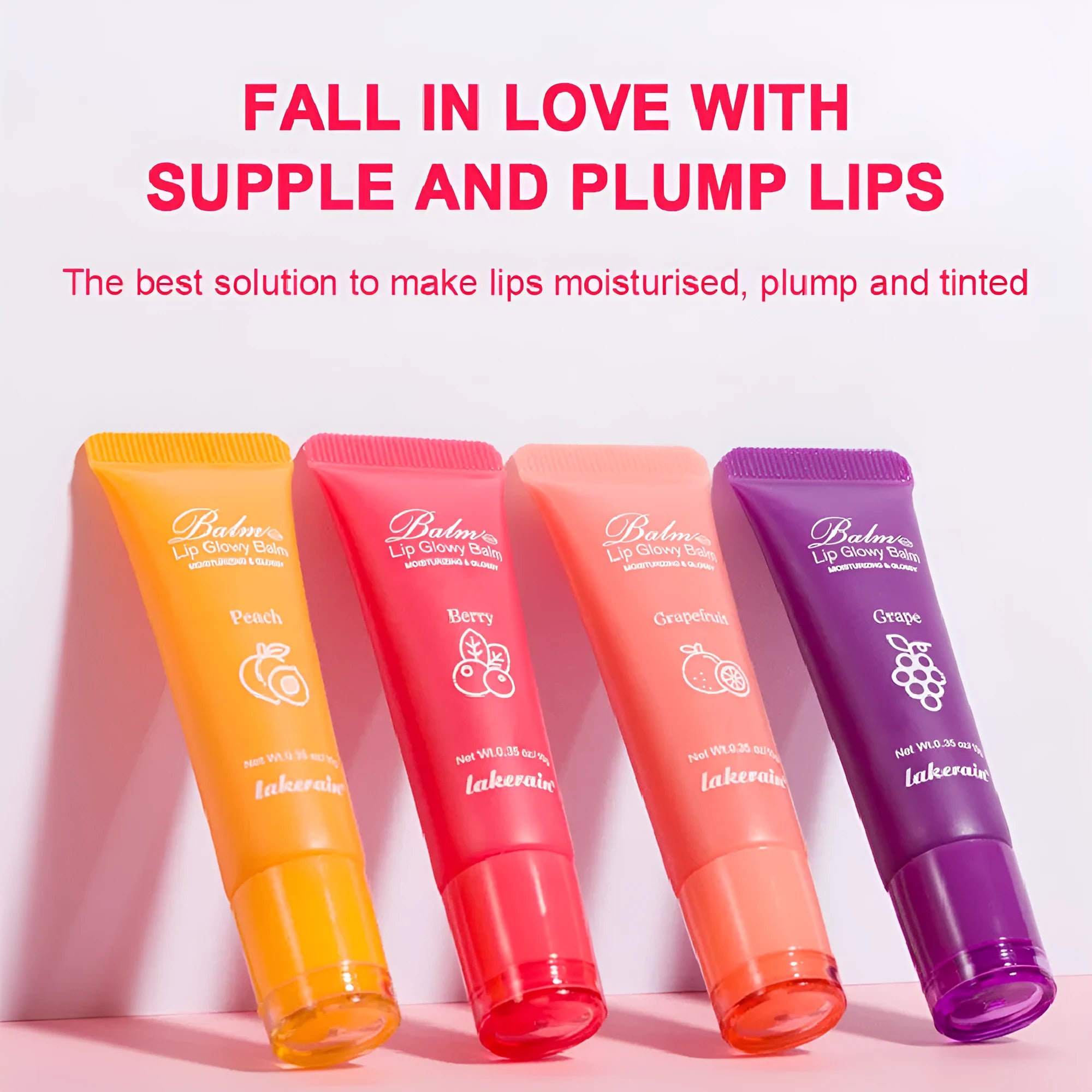 Women's flavoured lip gloss in berry, grape, grapefruit and yellow peach options