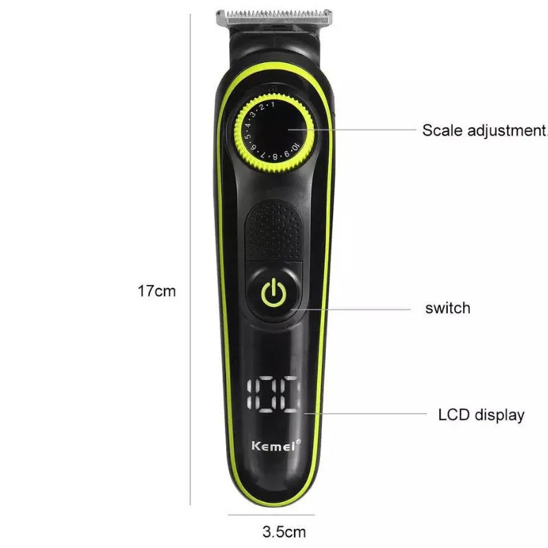 Black KM-696 rechargeable electric hair clipper set with stainless steel blades on a white background.