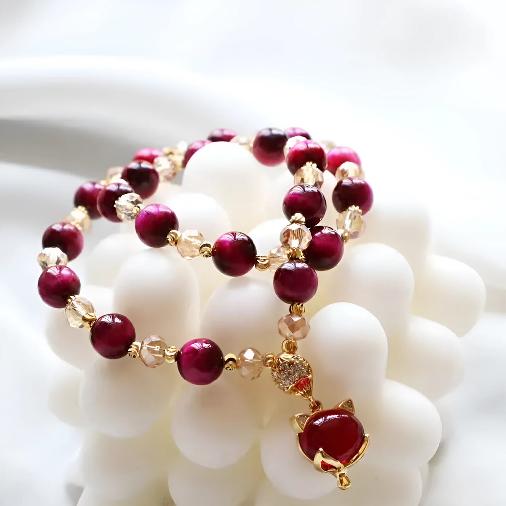 Handmade Tigereye stone bracelet showing single and double chain options in green and rose red styles.