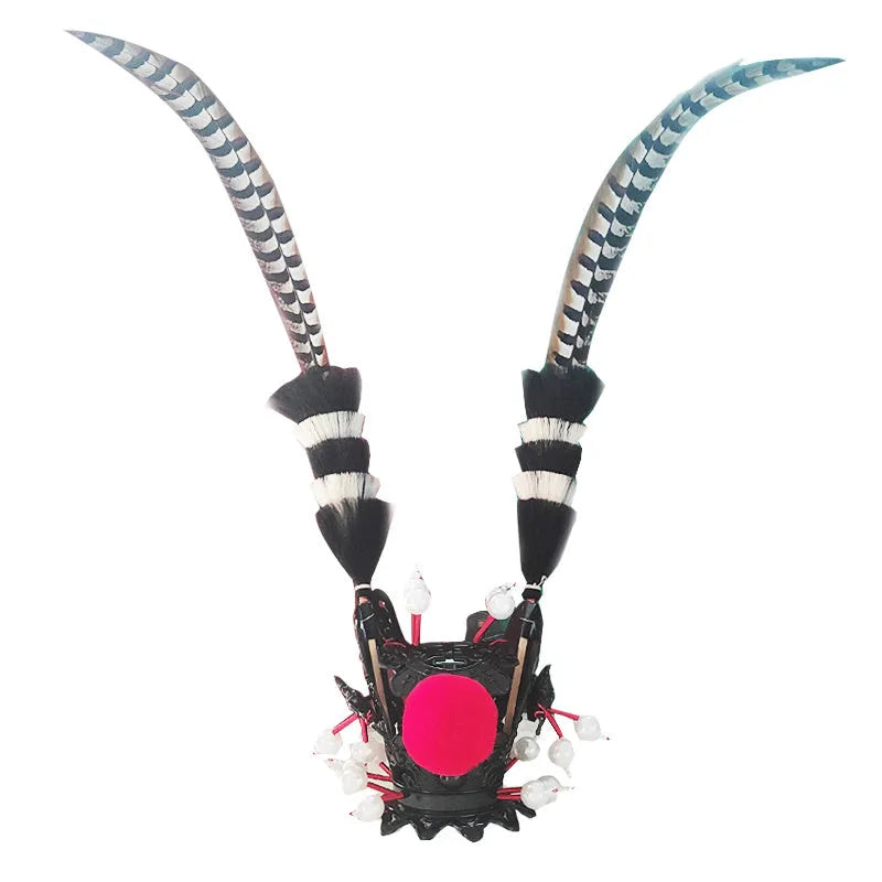 Purple gold crown ornament with long black feathers attached, designed as a motorcycle helmet decoration.
