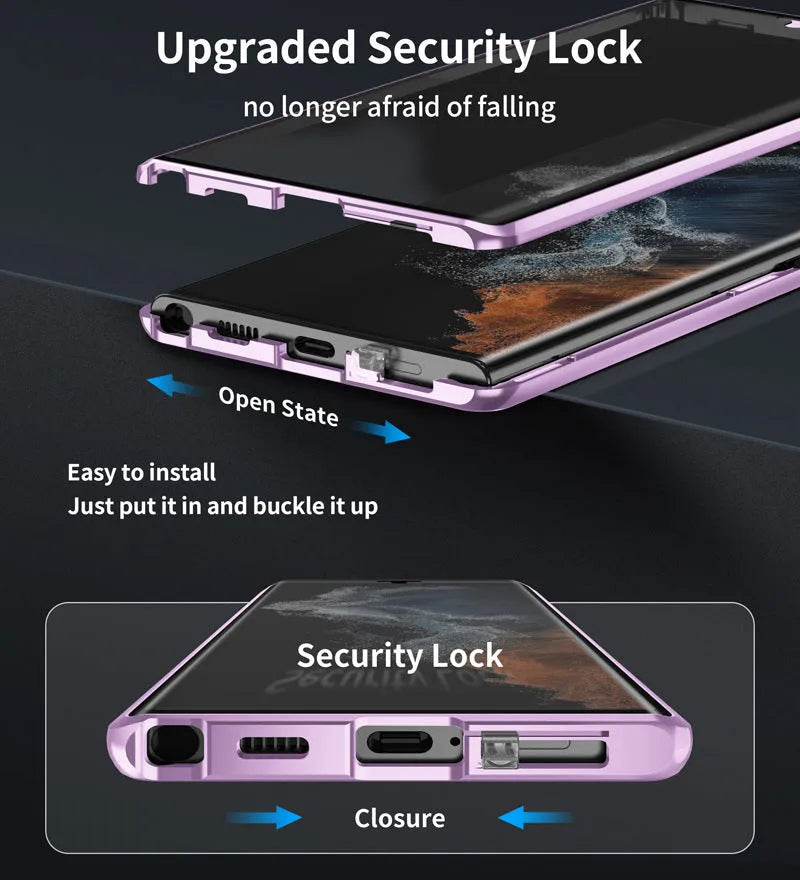 Magnetic mirror phone case for Samsung Galaxy S24 Ultra in seven colour options showing peep-proof design.