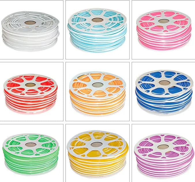 Flexible silicone neon light bar decorative seal in nine colour options showing 8mm diameter and 50 metre length