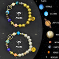 Two natural stone beaded bracelets with zodiac charm pendants on a flat surface.