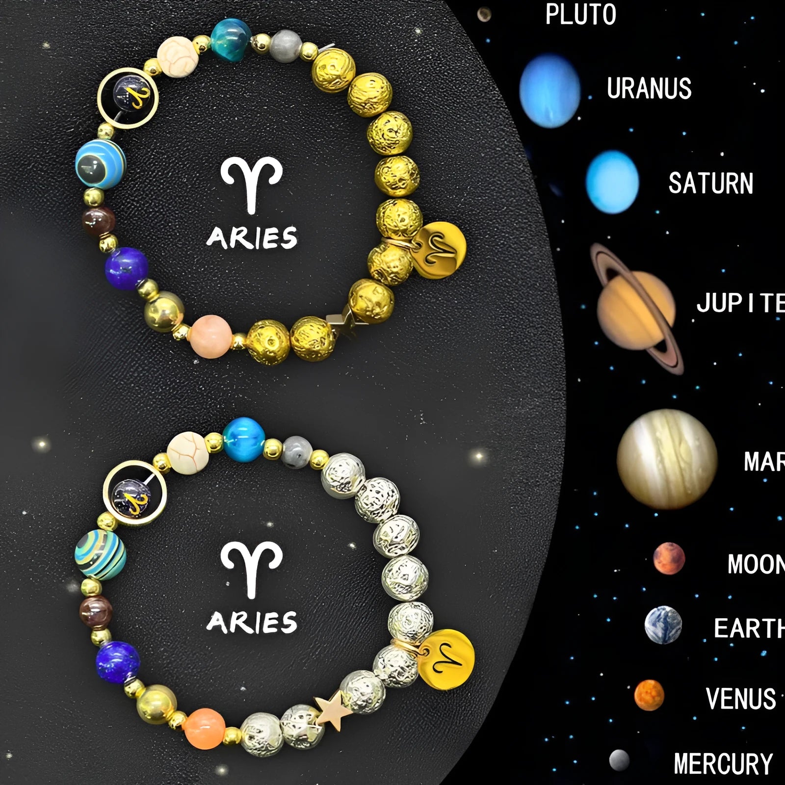 Two natural stone beaded bracelets with zodiac charm pendants on a flat surface.