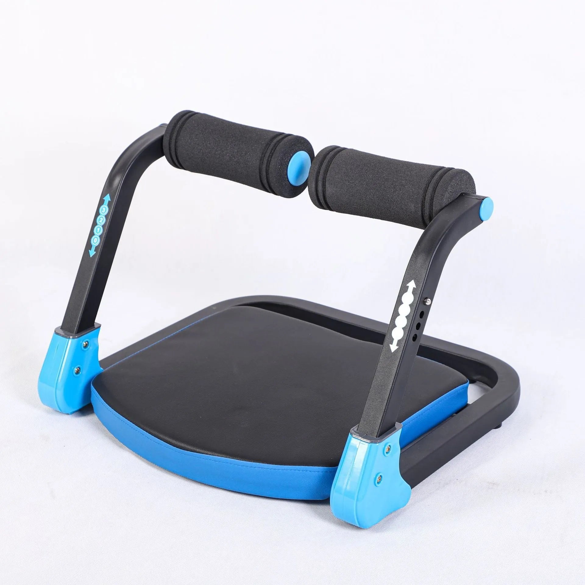Sky blue and red portable mini abdominal exercise device for home, office, and outdoor use.