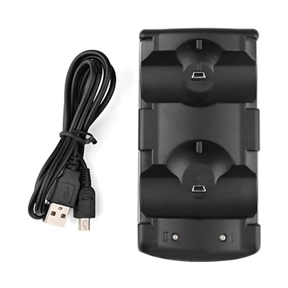 Black PS3 dual USB charging dock with two controller stations and a connected USB cable