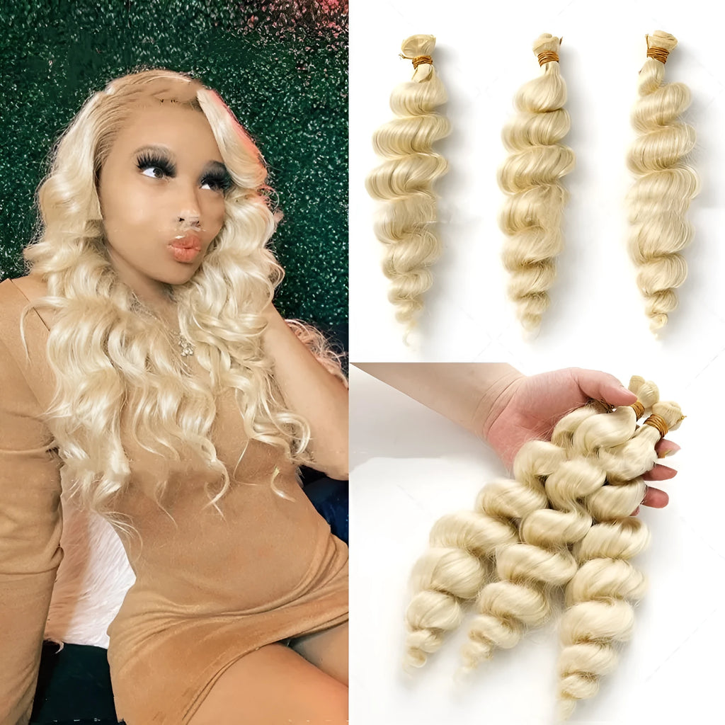 Golden synthetic hair weft wig for women in three length options.