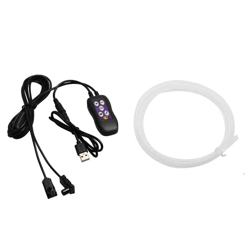 Car LED atmosphere light with colourful changing illumination on dashboard and centre console