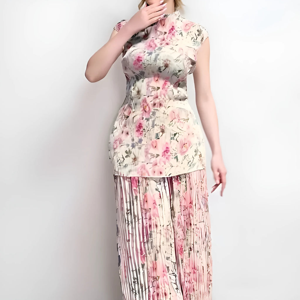 Women's printed chiffon two-piece dress set with long sleeves and high waist design