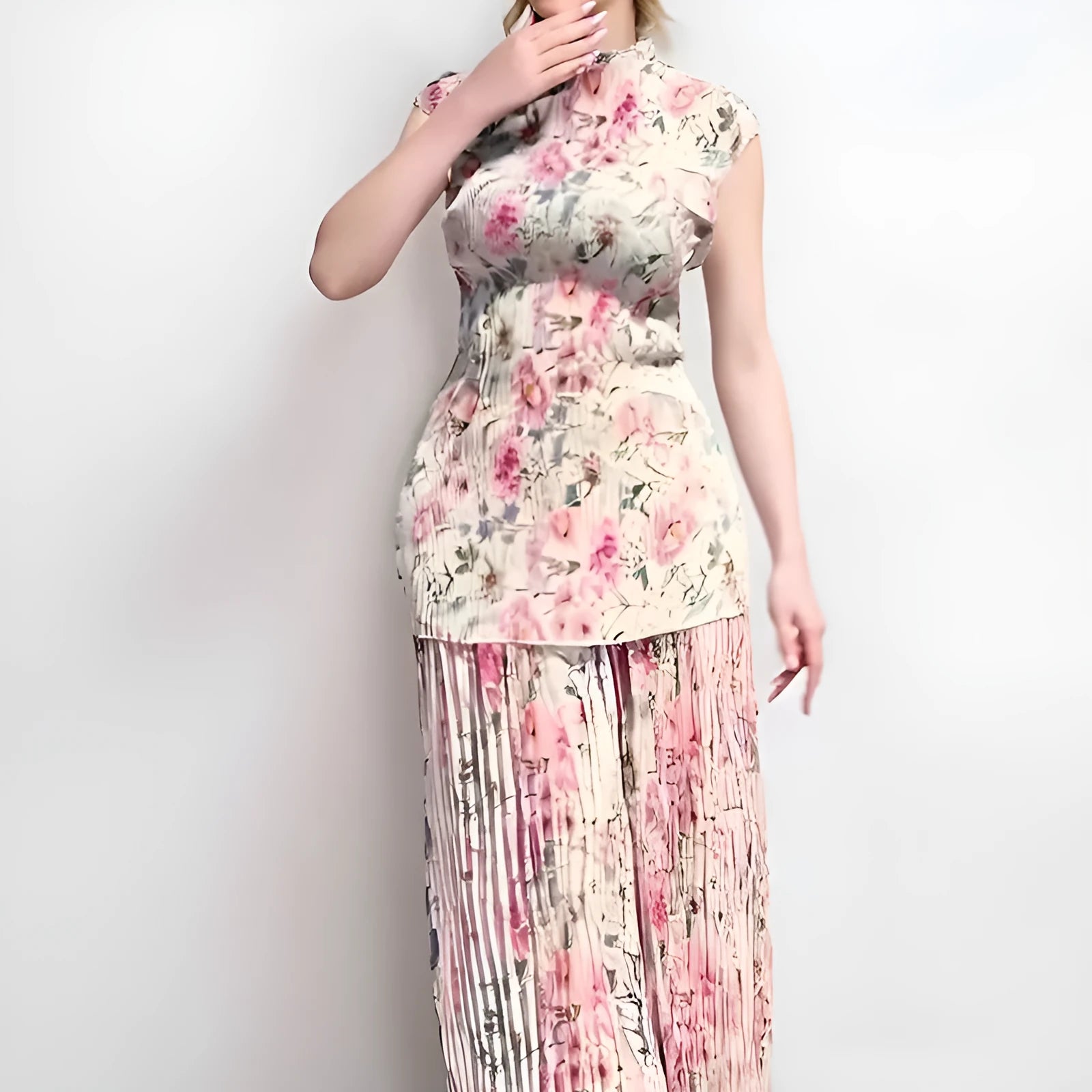Women's printed chiffon two-piece dress set with long sleeves and high waist design