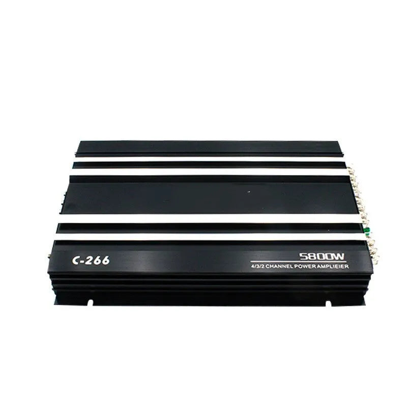 Four channel car amplifier in aluminum alloy with Silver Black C266 finish, 12V, 240W at 4Ω, 2-4ω impedance.