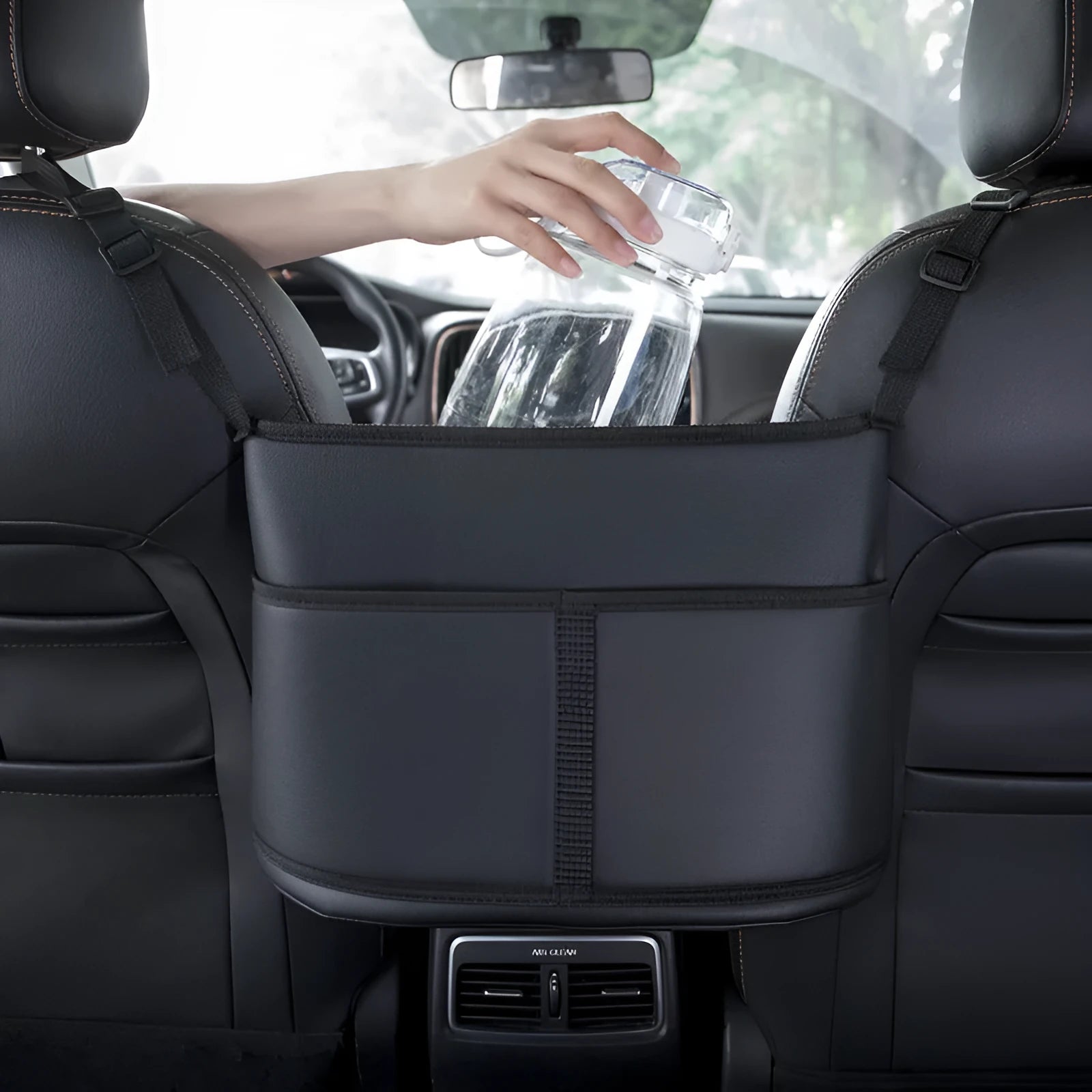 Black leather car seat storage bag with sports carbon fibre pattern measuring 38cm