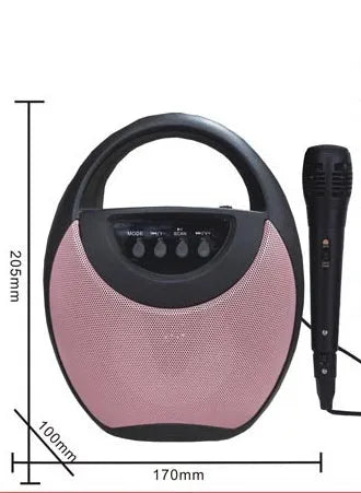 Portable Bluetooth speaker in black, blue, or pink with USB and SD card slots