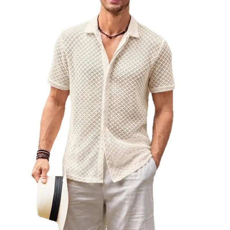 Man wearing a solid colour short sleeve lapel cardigan shirt on a beach