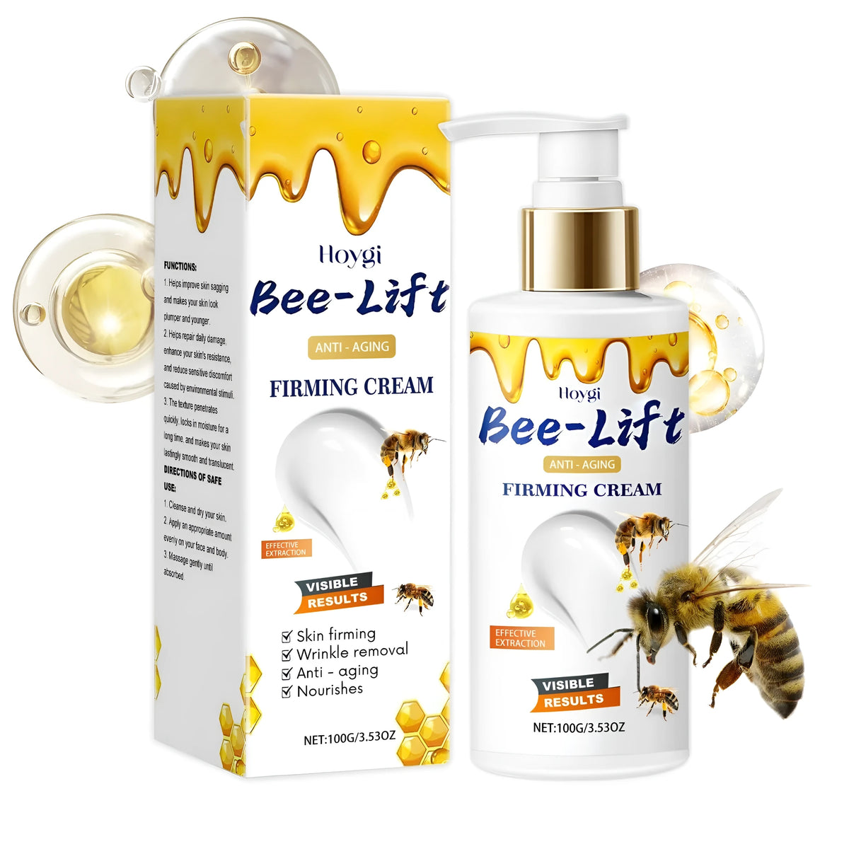 White jar of 100g bee venom and hyaluronic acid firming cream with lid.