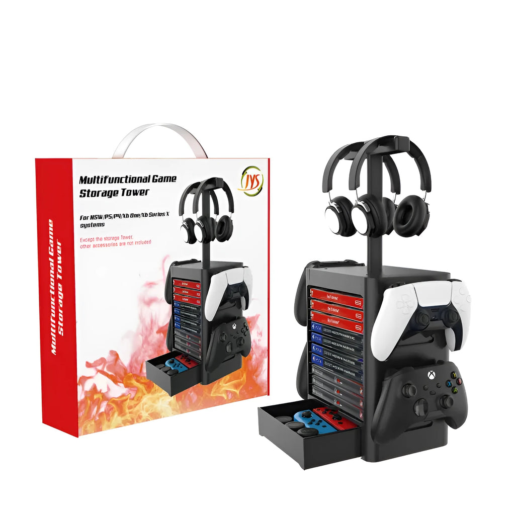 Black ABS gaming console CD storage rack with headphone holder and bottom drawer for controllers and accessories.
