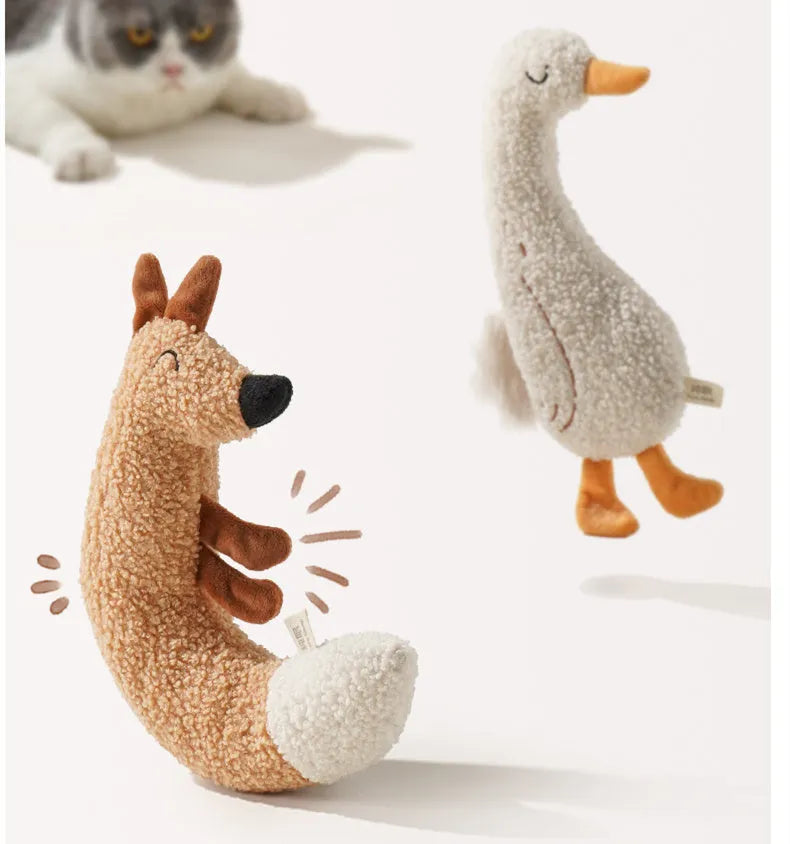 Cartoon dog chew toy in duckling yellow or fox orange with teddy velvet fabric and crinkle sound.