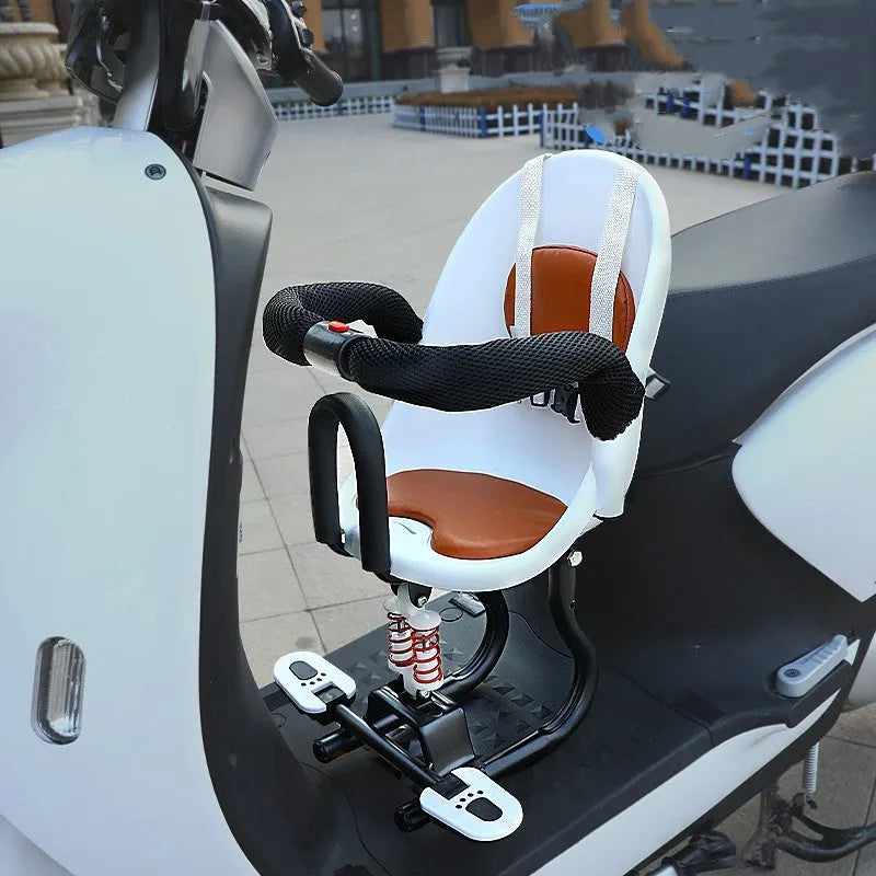 Black high carbon steel front safety seat for a baby on a scooter, dimensions 20x20x53cm.
