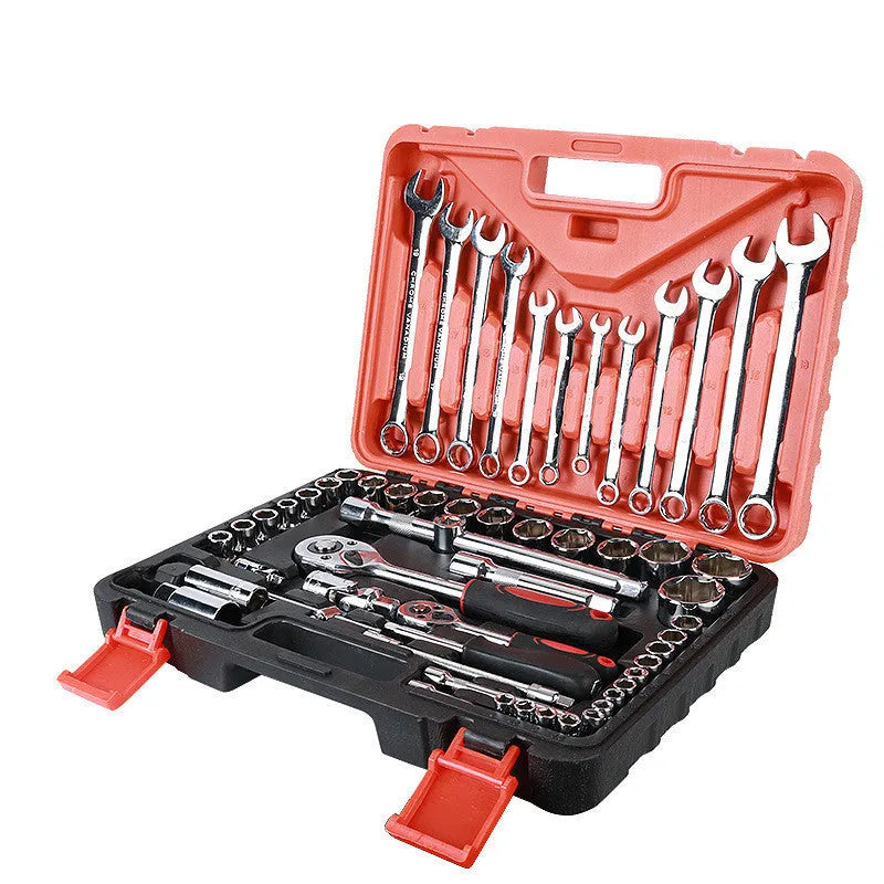 Open box of a 61-piece chrome vanadium steel socket wrench set with ratchets, sockets, and extension bars.
