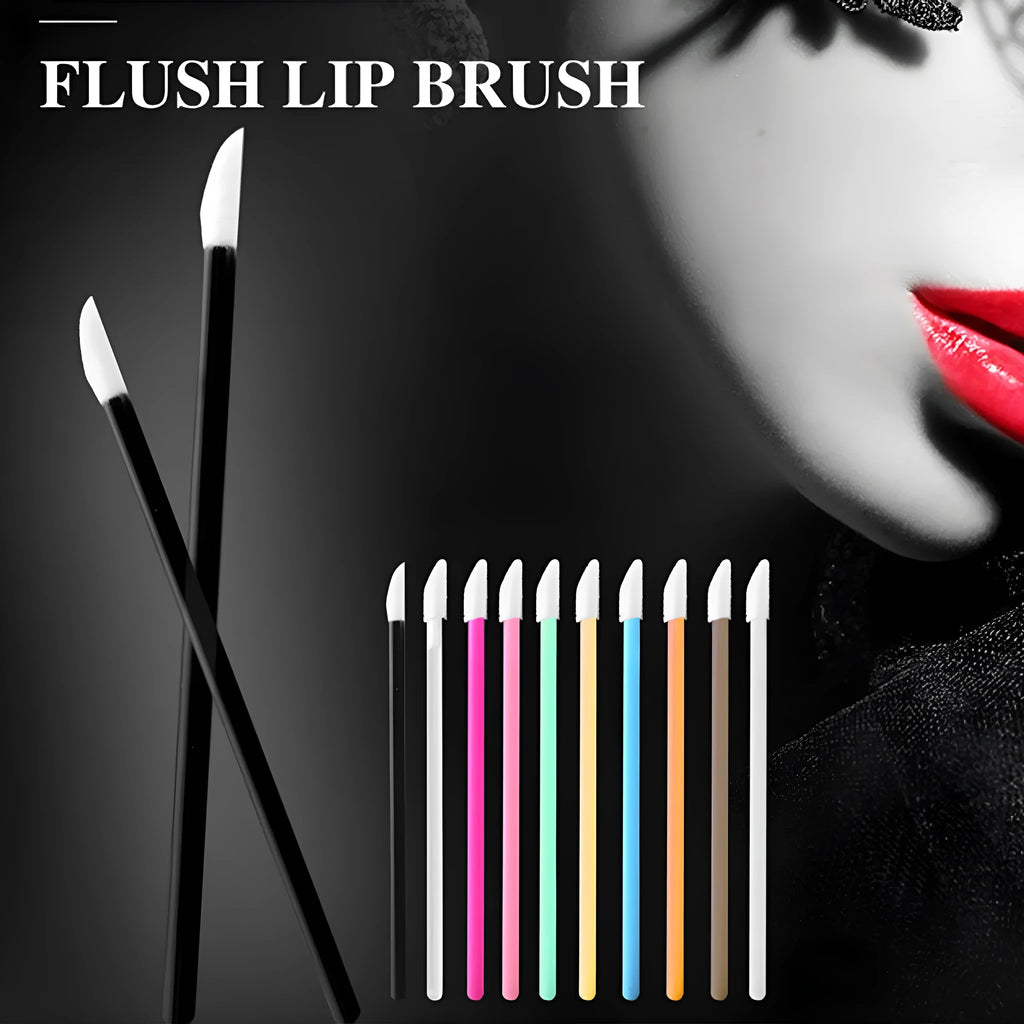 Pack of multi-coloured disposable lip brushes with soft flocked heads on a black handle.